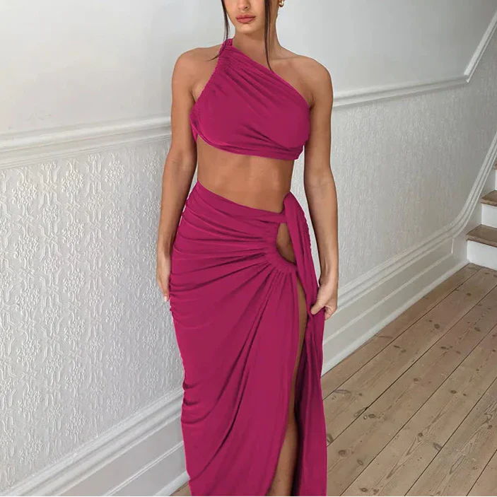 Elegant Summer Dress Set with Asymmetrical Top and Deep Slit