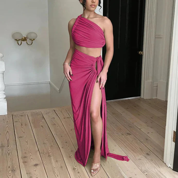 Elegant Summer Dress Set with Asymmetrical Top and Deep Slit